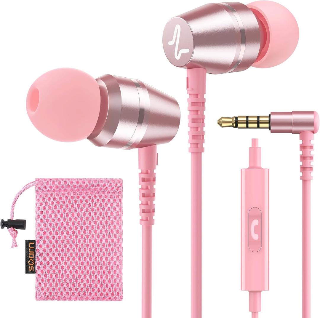 LUDOS OMNITONE Wired Earbuds in-Ear Headphones, Earphones with Microphone, 3.5 mm Jack Corded Ear Buds, Videoconference for iPhone, Samsung, Laptop, Kids, School Students - Pink