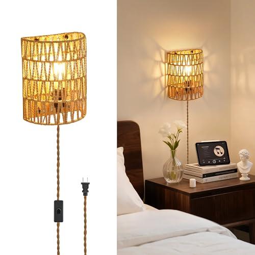 LOZNDA Plug in Wall Sconces, Rattan Sconce Wicker Wall Lamp, Boho Wall Lamp with Plug in Cord, Rustic Boho Light Fixture for Living Room Bedroom Hallway Passway
