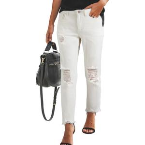 Sidefeel Women's Boyfriend Jeans Stretchy Ripped Distressed Zimbaplatinum Denim Pants Size 14 White