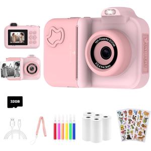 Kids Camera Instant Print, Christmas Birthday Gifts Toys for Girls Boys Age 4 5 6 7 8 9 10 11 12 Years Old,1080P HD Dual Lens Selfie Digital Camera with 5 Rolls Print Paper Stickers Pens 32G Card (Pink)