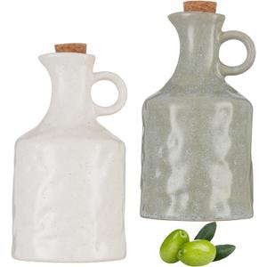 2 Pack 13.5 Oz Ceramic Olive Oil Dispenser with Cork Stopper, Olive Oil Dispenser Bottle with Handle & Wooden Stopper Ceramic Oil Cruet for Kitchen Cooking Oil Vinegar Wine Soy Sauce