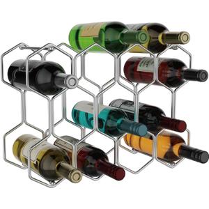 Buruis Countertop Wine Rack, 14-Bottle Modern Freestanding Metal Holder for Red and White Wine, Tabletop, Kitchen, Bar, and Cabinet Storage (Chrome) (Silver)