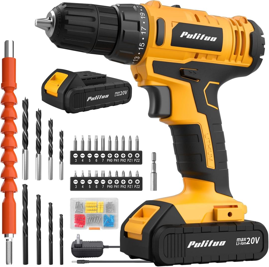 PULITUO 20V Cordless Drill/Driver Kit, 3/8" Keyless Chuck, 2 Variable Speed, 266 In-lb Torque, LED Light, Yellow