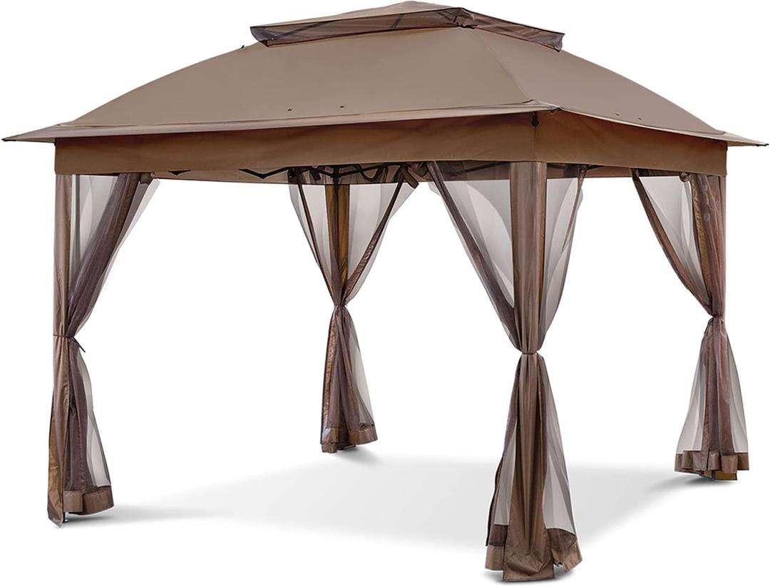 COOS BAY 11x11 Pop-Up Instant Gazebo Tent with Mosquito Netting Outdoor Canopy Shelter with 121 Square Feet of Shade (Brown)