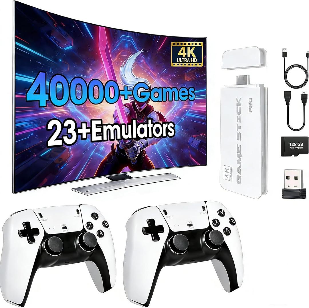 2026New Wireless Retro Game Console, 40000+Games and 23 Emulators, Plug and Play 4K HD HDMI TV Game Stick, with Dual 2.4G Wireless Controllers (128G) White
