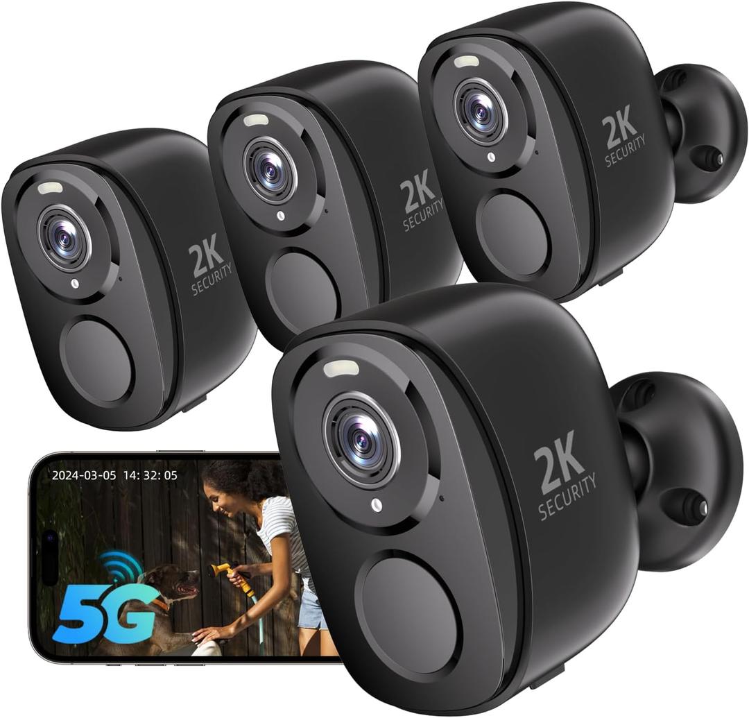 Rraycom 4Pack 5G/2.4G Security Cameras Wireless Outdoor,2K Battery Powered AI Motion Detection Siren Alarm WiFi Home Indoor Camera, Color Night Vision, 2-Way Talk, Waterproof, Works w/Alexa, Cloud/SD (Black)