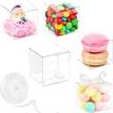 Mauproy 2x2x2 Inches Clear Favor Boxes, 100 Pack Small Plastic Gift Boxes with Ribbons for Macaroons Treats Candies Wedding Baby Shower Birthday Mother's Day Party Favors