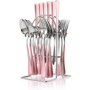 24 Pieces Flatware Set, Caliamary Stainless Steel Flatware Set with Silverware Holder Spoons Forks Knives,Utensils Set Service for 6,Gold Mirror Polished and Matte Pink Painted (Pinkish Silver)