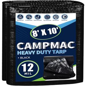 Black Tarps Heavy Duty Waterproof 8x10, 12 Mil Thick, High Durability, Rip and Tear Resistant with Metal Grommets Every 20 Inches