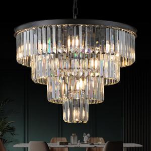 Black Crystal Chandeliers 12 Lights Luxury 24" Round Chandelier 4-Tier Modern Ceiling Pendant Light Fixture K9 Crystal Lighting for Living Room Dining Room Staircase Foyer, Medium-24