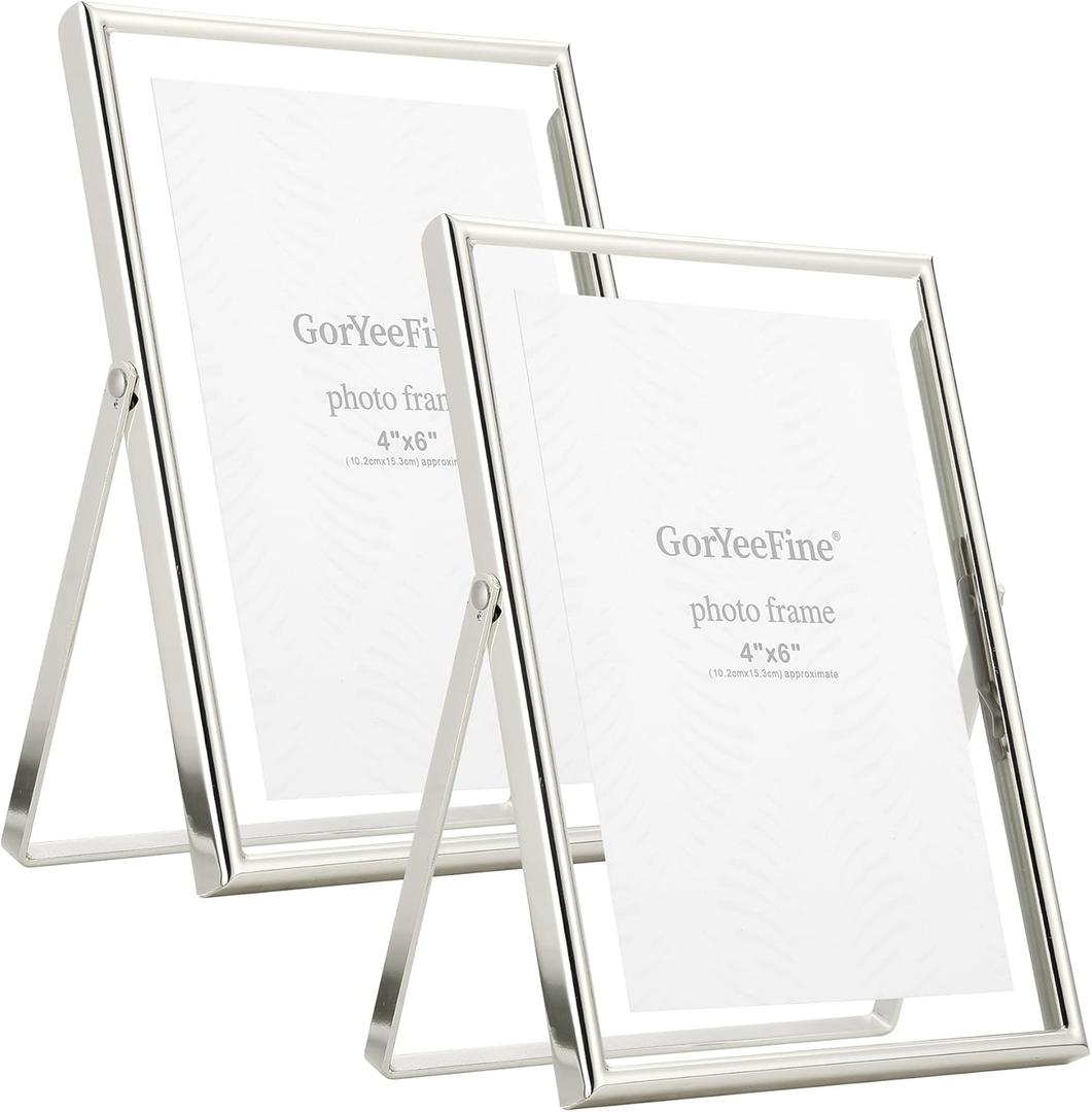 Silver Floating Frame 5x7" Set of 2 for picture 3.5x5'', 4x6'', Beautiful Metal rounded Edge Frames Adjustable Tabletop/Shelf Photo Frame, Classy Gift Choice for Wedding, Christmas,Birthady, Home or Office Decor