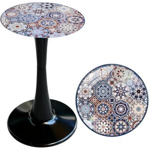 Simmer Stone 13.4" Outdoor Side Table, Round Patio Bistro Table Printed Tempered Glass Top, Waterproof Rust-Proof Base, Small Plant Stand for Balcony, Garden, Deck, 21.6" H (Bohemia)
