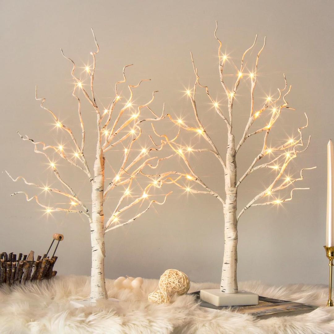 Vanthylit White Birch Tree with LED Lights - Set of 2, LED Tabletop Tree with Timer, Christmas Decorations Lighted Tree for Indoor Mantel Home Decor (2FT, 24LED)