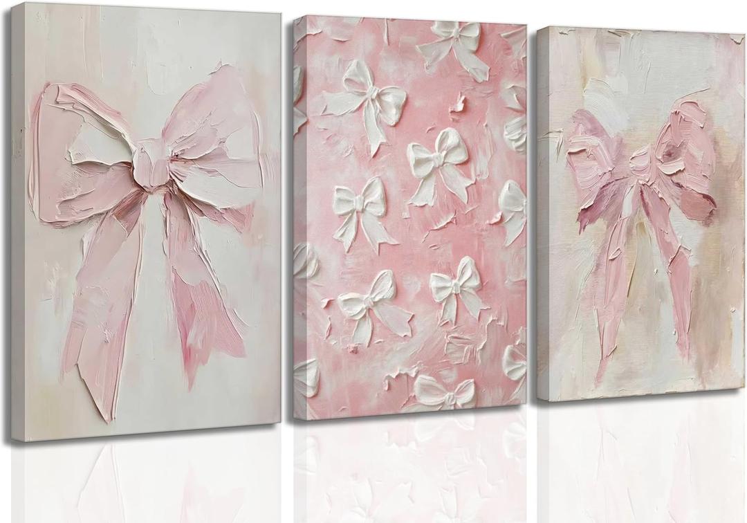 3Pcs Trendy Pink Bow Canvas Wall Art Vintage Cute Preppy Watercolor Bow Painting Pictures Wall Decor Posters Prints Girly Aesthetic for College Apartment Bedroom Decoration