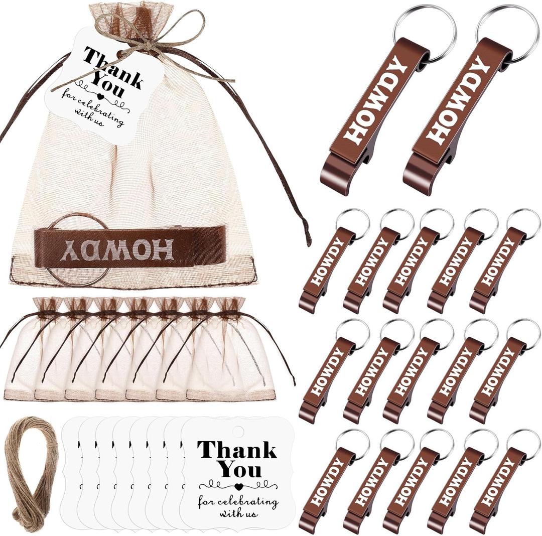 Junkin 50 Set Western Cowboy Party Favors Mental Bottle Opener Keychain Bulk with Organza Bags Thank You Tags and Rope for Birthday Baby Shower Wedding Wild West Derby Party Decorations (HOWDY 1)