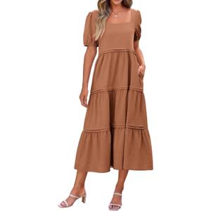 KIRUNDO Women Summer Dresses 2025 Spring Fashion Boho Puff Sleeve Square Neck Pocketed Loose Fit Tiered Flowy Maxi Dress (Orange, L)
