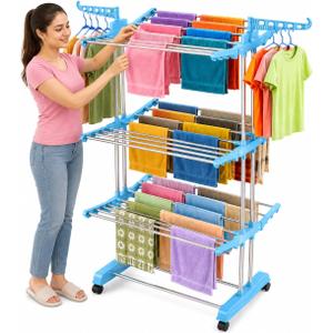 Clothes Drying Rack, 3-Tier Folding Stainless Steel Laundry Rack with Side Wings Indoor & Outdoor Use Space-Saving Design (Blue) Large ABS Steel
