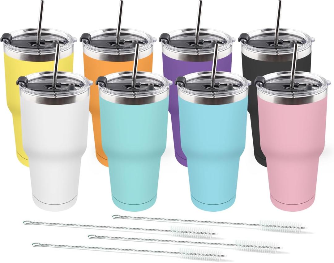 Amtidy 8 Pack 30oz Travel Mug, Powder Coated Stainless Steel Vacuum Double Wall Bulk Tumbler, Durable Insulated Coffe Cup with Splash Proof Lids straw and cleaning brushfor Home, Office, Party (Assorted Colors)