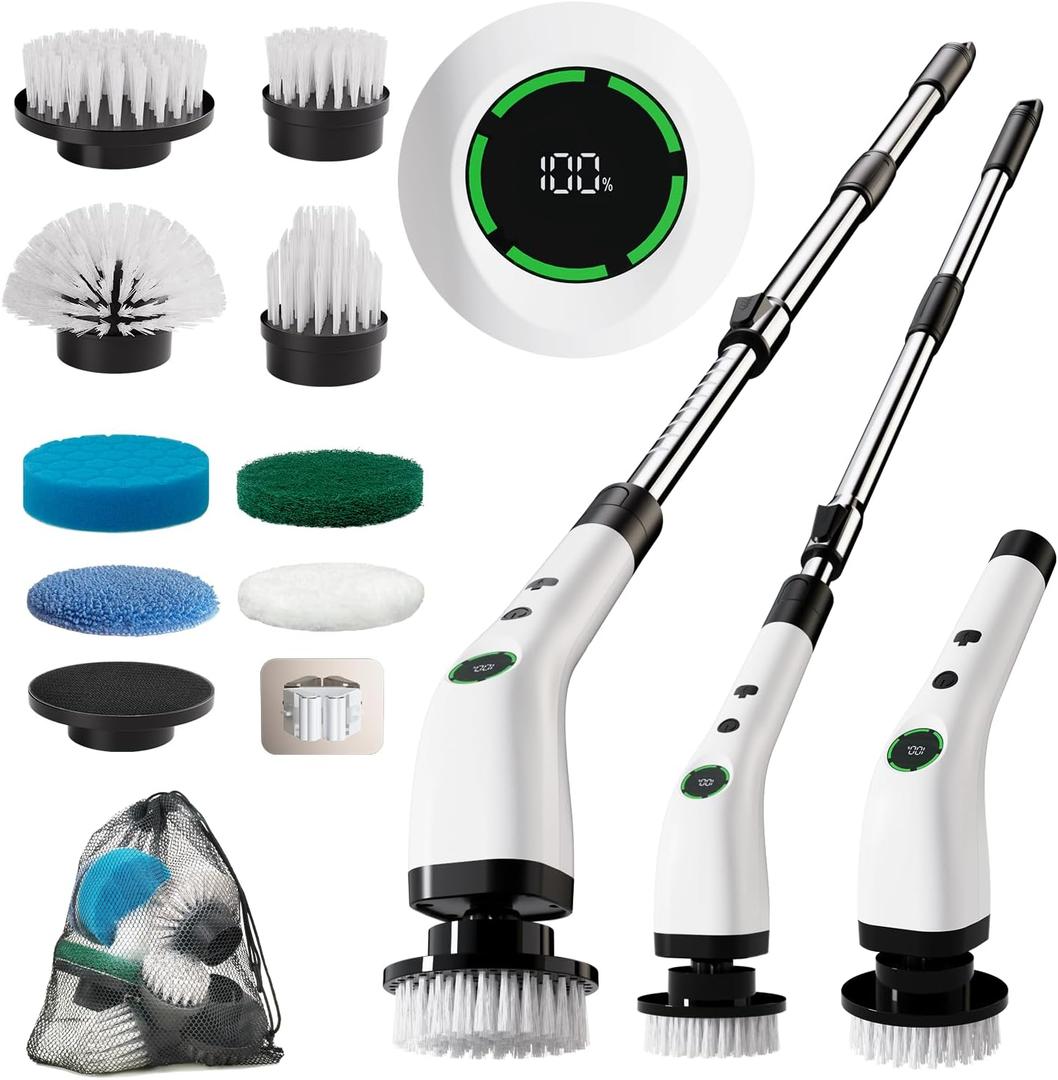 Electric Spin Scrubber, Cordless Cleaning Brush Scrubber with Battery LCD Display for Bathroom, Kitchen and Home, Adjustable Extension Handle, Full Body Waterproof IPX7, 8 Replaceable Brush Heads