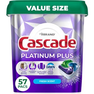 Cascade Platinum Plus Dishwasher Pods, Dishwasher Detergent, Dish Detergent Soap, Fresh, 57 Count