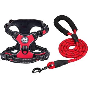 PoyPet Dog Harness and Leash Combo, Escape Proof No Pull Vest Harness, with 5 Feet Leash, Reflective Adjustable Soft Padded Pet Harness with Handle for Small to Large Dogs(Red,M)