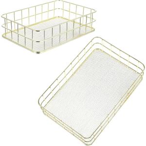 2 Pcs Gold Wire Baskets for Organizing - Small Gold Storage Basket & Decor Metal Basket, 9.6x6.5x2.7in Farmhouse Iron Desktop Organizer for Bathroom/Office/Home