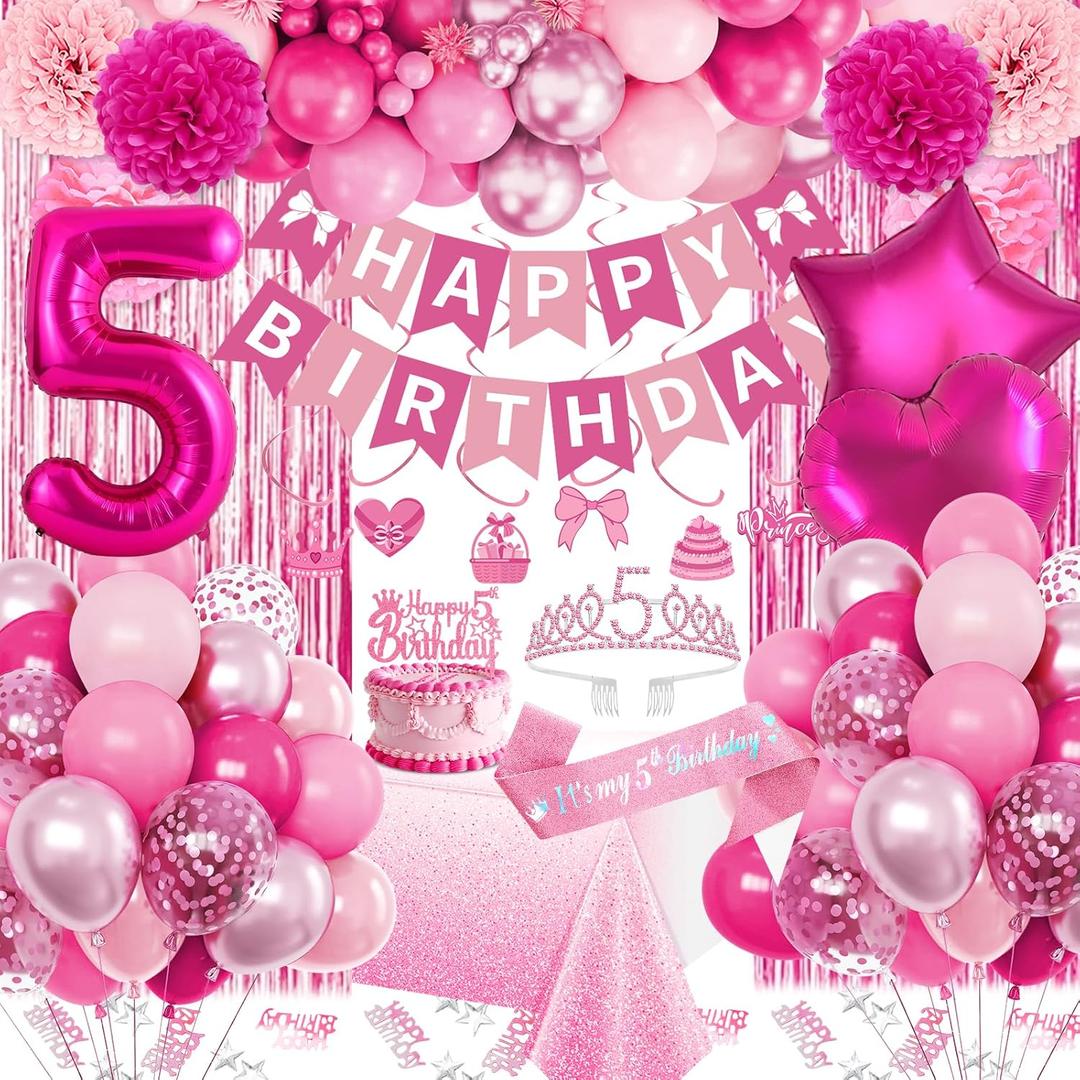5th Birthday Decorations Girl, Pink Party Decorations with Number 5 Balloon Happy Birthday Banner Bday Sash Crown Tablecloth Fringe Curtain Hanging Swirl for 5 Year Old Girl Bday Decor