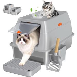 XL Enclosed Stainless Steel Litter Box with Lid, Light Gray | covered, High Sided, Rustproof & Leak Proof, Easy Clean, Odor Control, Includes Scoop & Step