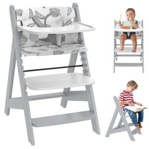 Wooden High Chair with Tray, Adjustable High Chair for Babies Toddlers Adults, Convertible Baby Highchair, 5 Point Safety Harness & Soft Cushion, Removable Tray & Adjustable Footrest, Grey