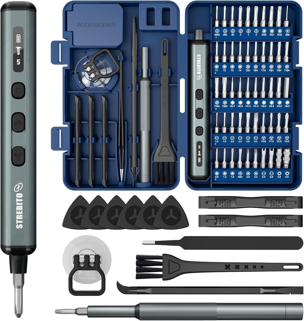 STREBITO Mini Electric Screwdriver Set, 67 in 1 Electric Precision Screwdriver - 50 S2 Magnetic Bits, 5 Torque Settings, 4 LED Lights, Electric Screwdriver Kit for PC Phone Laptop Camera Electronics (Blue)