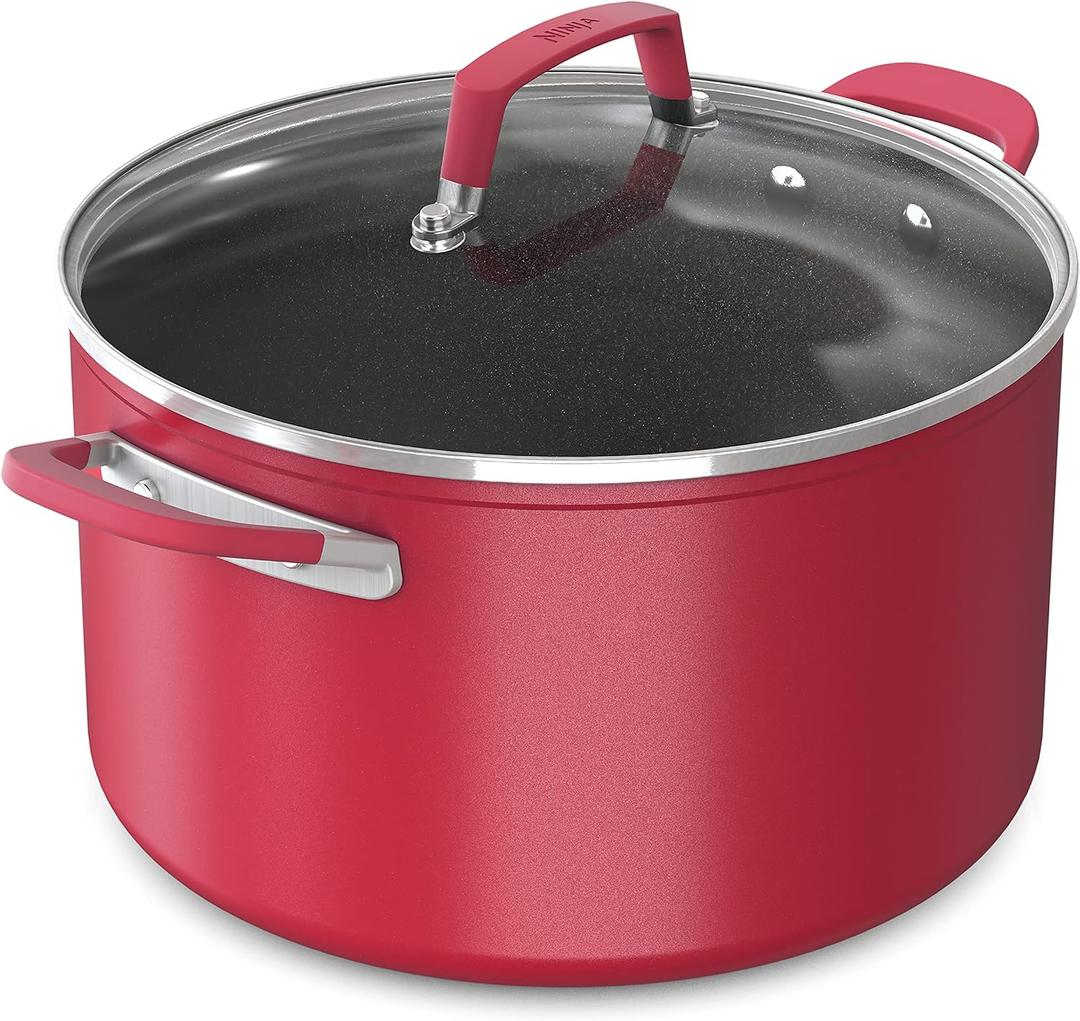 Ninja C20480 Foodi NeverStick Vivid 8-Quart Stock Pot with Glass Lid, Nonstick, Durable & Oven Safe To 400F, Cool-Touch Handles, Crimson Red
