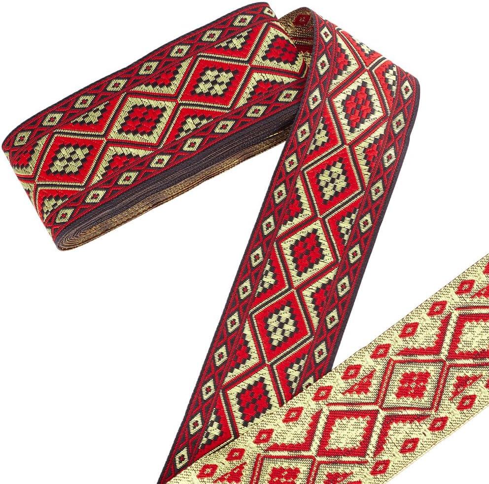 PH PandaHall 7.66 Yards Boho Jacquard Ribbon, 2 Inch/5cm Rhombus Embroidered Woven Trim Ethnic Style Polyester Ribbons Fabric Trim Fringe for Sewing, Handmade Bag, Clothing Decoration