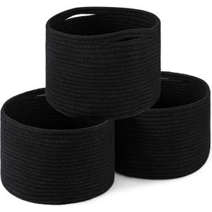 OIAHOMY Small Storage Baskets for Organizing,Closet Cube Shelf Storage, 9.89.87.1, Woven Cotton Rope Gift Baskets for Nursery,Cute Dog Toy bins, Round 3 Packs, Black