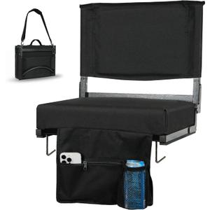 JST GAMEZ Stadium Seats with 18.5in High Back Support and Thick 3in Foam Cushion Bleacher Chairs with Back and Cushion - Portable Folding Stadium Chair Includes Shoulder Strap and Cup Holder (Black)