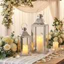 TRIROCKS Set of 2 Stainless Steel Lanterns 17"&12" H Decorative Outdoor Lantern Candle Holder with Tempered Glass for Living Room Wedding Parties Gifts Indoors Outdoors(Silver)