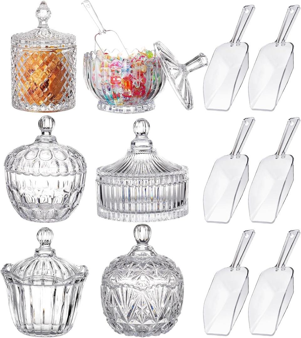 6 Sets Glass Apothecary Jars with Lids and Scoops Clear Candy Jars for Buffets Candy Display Containers Bath Salt Container Cookie Crafts Bathroom Kitchen Storage (European)