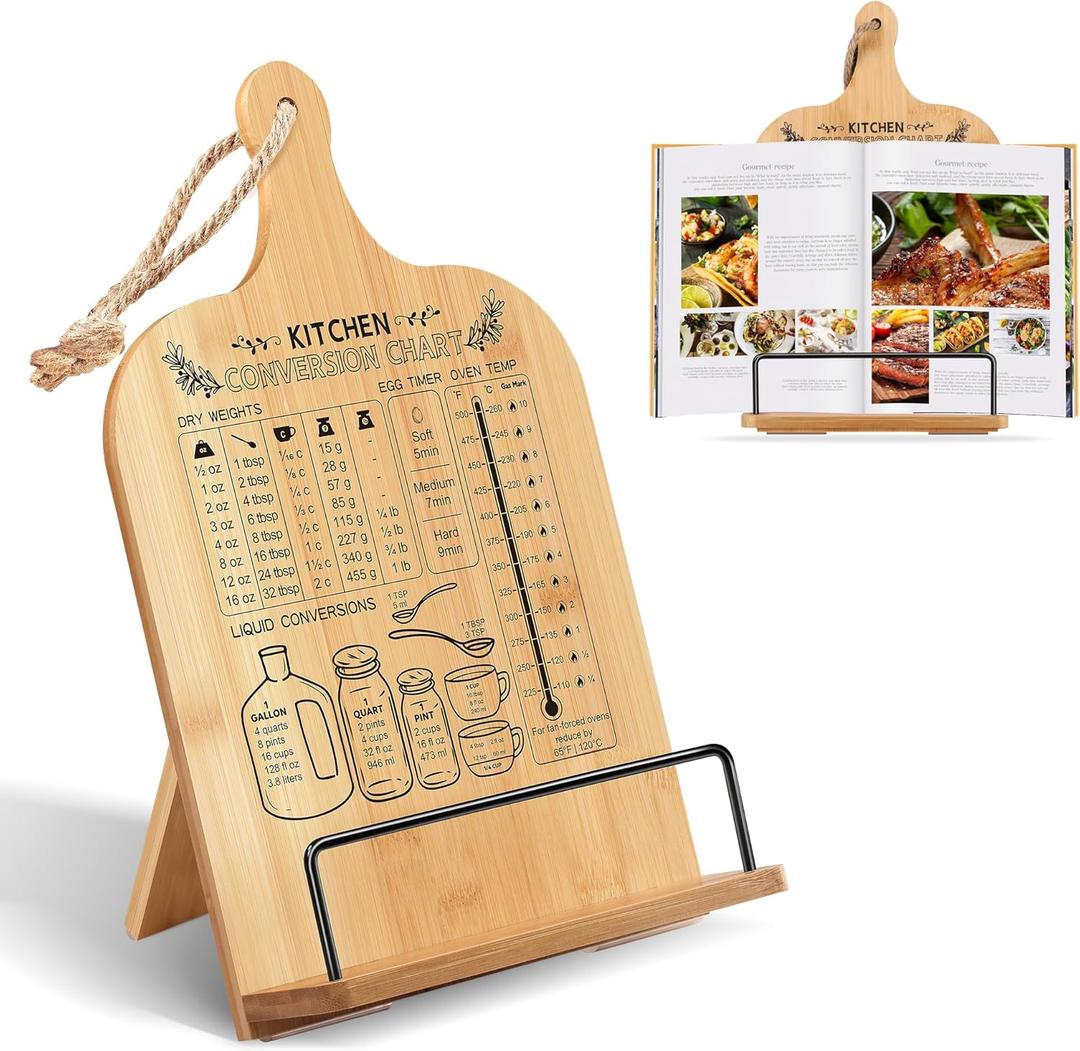 Cookbook Stand for Kitchen Counter Bamboo Recipe Book Holder with Conversion Chart Adjustable Non Slip Cookbook Holder Kitchen Gifts for Women Gifts for Housewarming Christmas Retirement Wedding