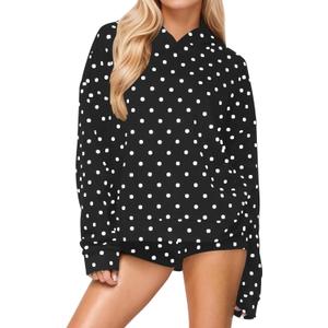 Women Polka Dot Fleece Hoodie Trendy Oversized Long Sleeve Aesthetic Graphic Print Hooded Sweatshirt Pullover Tops (Large, Black)