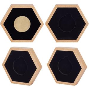 AHANDMAKER 4 PCS Single Coin Display Box, Hexagon Natural Beech Coin Box, Challenge Coin Display Case with Black Velvet Inside for Medal Display, Commemorative Coin Holder