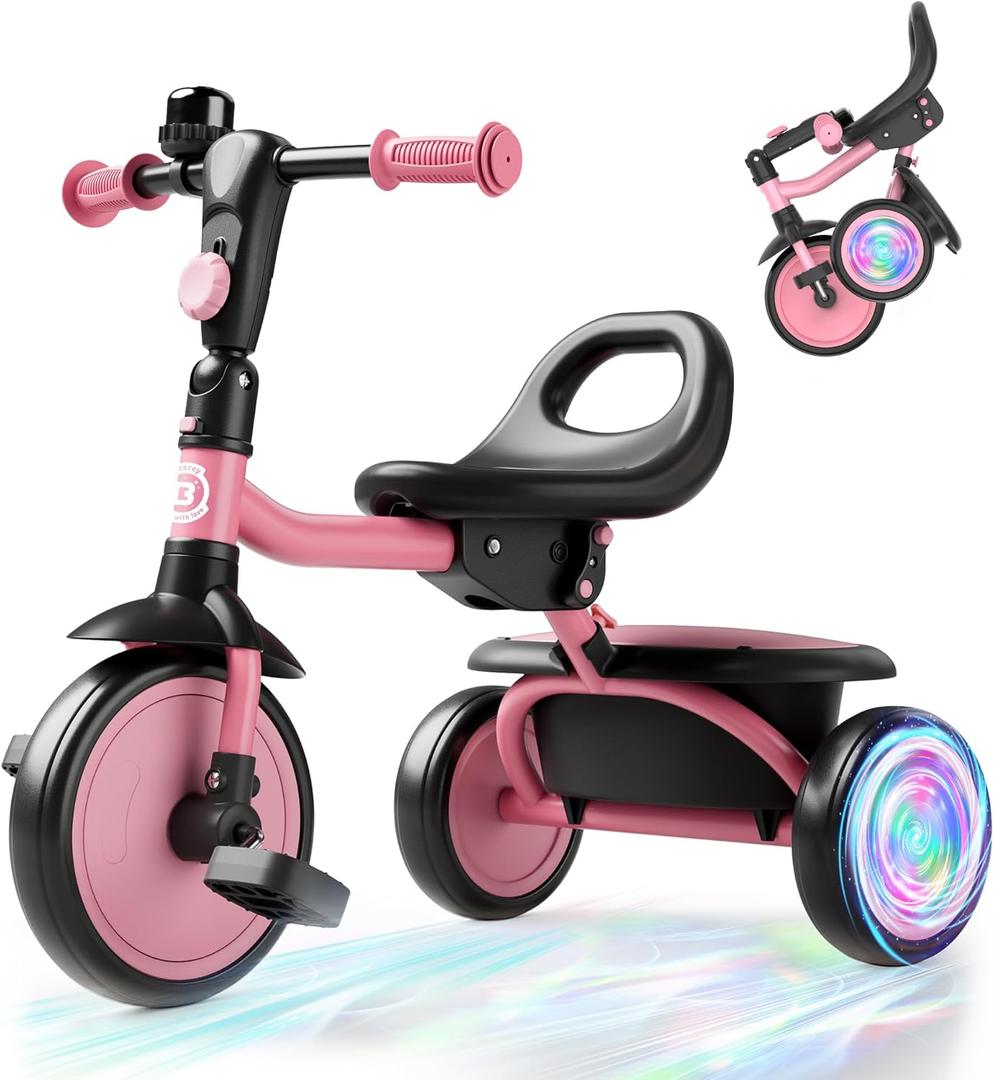 besrey Colorful Lighting Toddler Tricycle for Ages 18 Months to 5 Years, Toddler Bike with Bell, Kids Tricycle, Gift for 2-5 Year Olds, Toy for Boys and Girls, Tricycle for Toddlers, Pink (Pink Flash Wheel)
