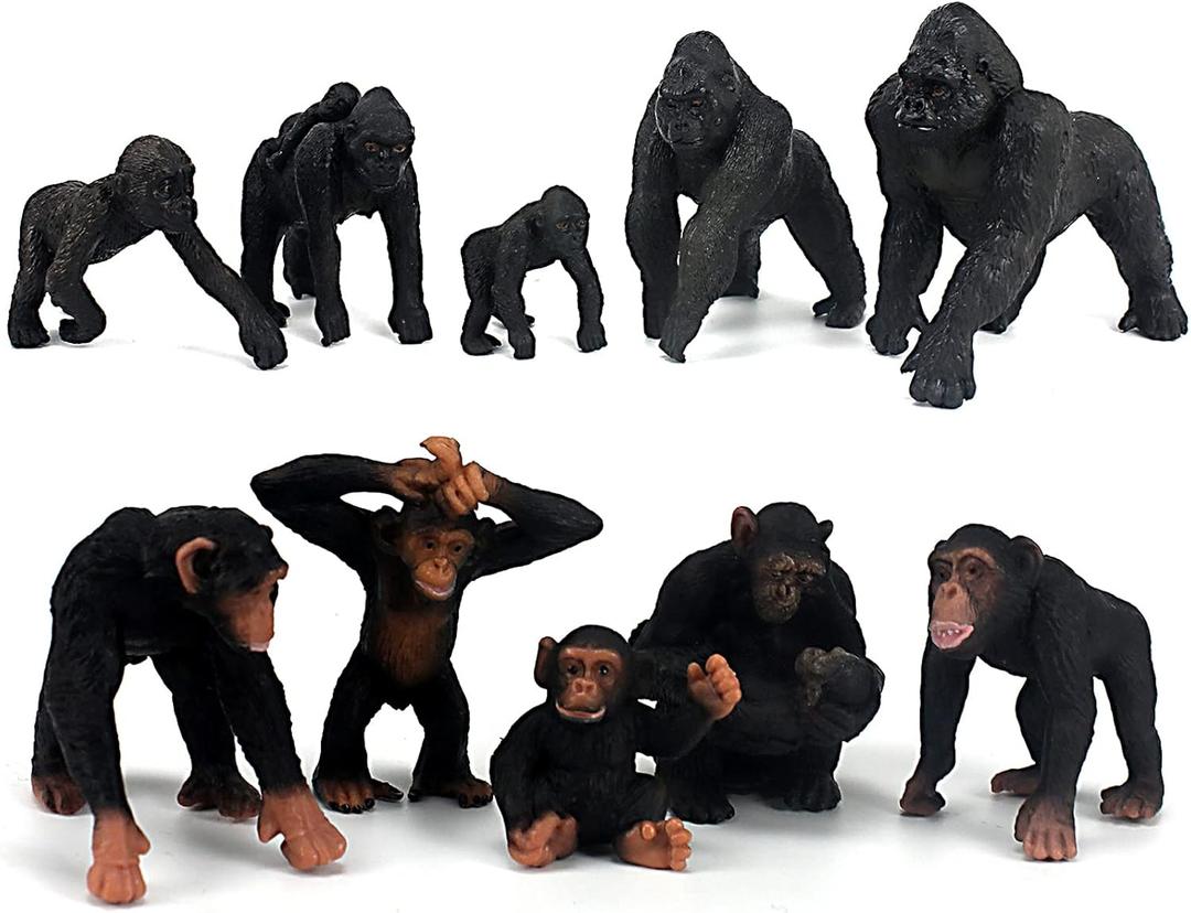 FUNSHOWCASE 10 Gorilla and Chimpanzees African Jungle Animals Toy Figure Realistic Plastic Figurine Playset