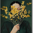 UCRAASDEB Emerald Green Abstract Feminine People Wall Art, Girl with Flowers Minimal Japandi Female Abstract Canvas Prints, Retro Female Portrait Aesthetic Decor for Bedroom Apartment Dorm 24'' x 16''