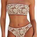 ZAFUL Bikini Set for Women Strapless Textured Bandeau Bikini Two Piece Swimsuit Lace up Bathing Suits (Brown, M)