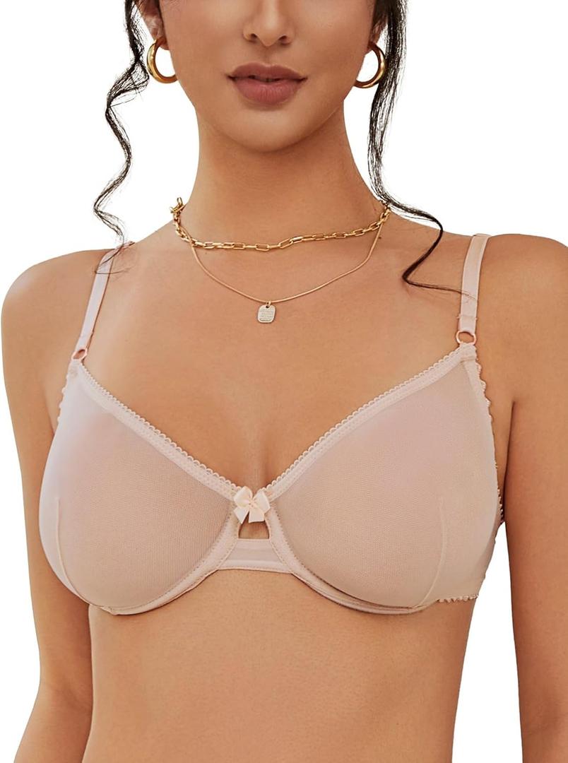 Women's Sexy Sheer Balconette Bra Mesh Unlined Underwire Bras Demi Plunge See Through Unpadded Lace Everyday Bralette (36D, Nude)