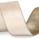 Ribbli Light Champagne Velvet Wired Ribbon 2.5 Inch Ivory Velvet with Champagne Glitter Christmas Ribbon for Christmas Tree Decoration Big Bow Gift Wrapping Crafts Wreaths Supplies- 10 Yards