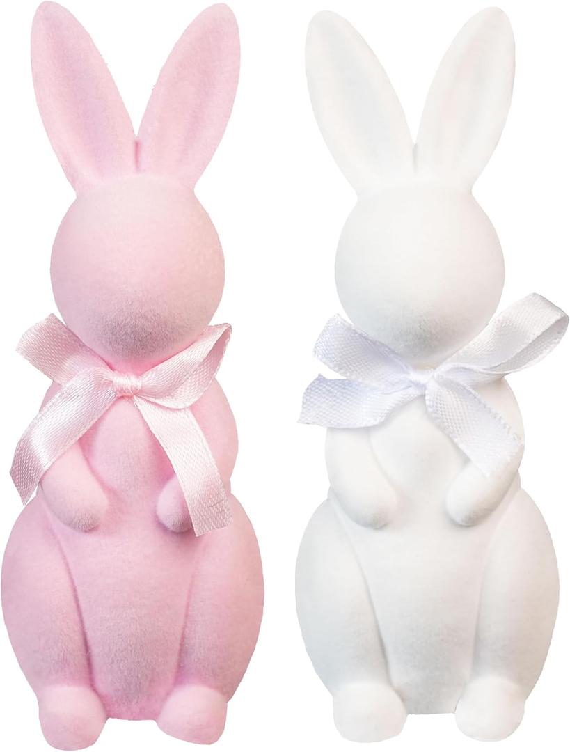 Easter Bunny Decorations, Flocked Bunnies Figurine with Soft Velvet Texture, 5.5" Resin Rabbit Ornaments, Spring Decor for Home Office Table Centerpiece Gift (Pink&White)