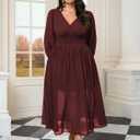 SCOMCHIC Womens Plus Size Formal Dresses Chiffon Wedding Guest Long Sleeve V Neck Smocked Flowy Slit Maxi Dress (Burgundy)