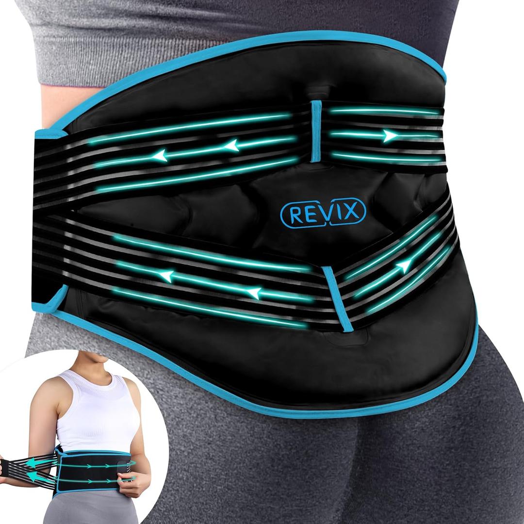 REVIX Compression Ice Pack for Back, Reusable Lower Back Ice Pack with Dual Support Belts, Wearable Snug-Fit Cold Therapy Lumbar Brace for Lower Back, Sciatic Nerve, Muscle Relaxation (Black)