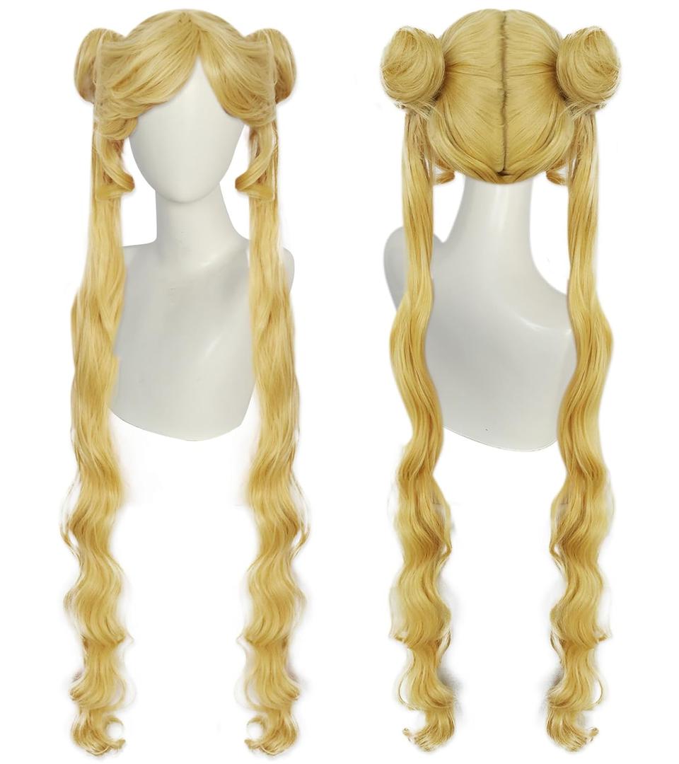 Ebingoo Blonde Wig for Girls with Two Ponytails Sailor Moon Wig + Wig Cap Long Blonde Pigtails Wigs with Buns for Women Cosplay Wig for Halloween Costume Party
