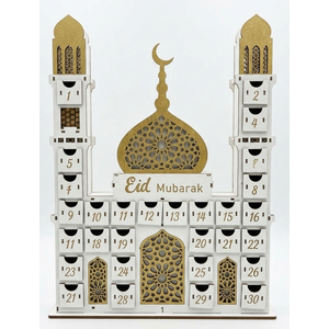 Ramadan Wooden Countdown Calendar Eid Mubarak Decorations Mosque Advent Calendar with Drawers Eid Mubarak Countdown Til Eid Gift Ramadan Wooden Craftwork for Kids Ramadan Party Decorations